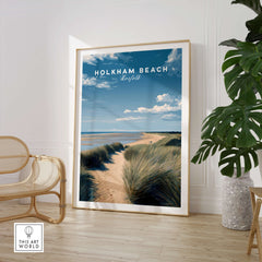 Holkham Beach Norfolk Wall Art Print | Coastal Sand Dunes Travel Poster displayed in a stylish living room setting.