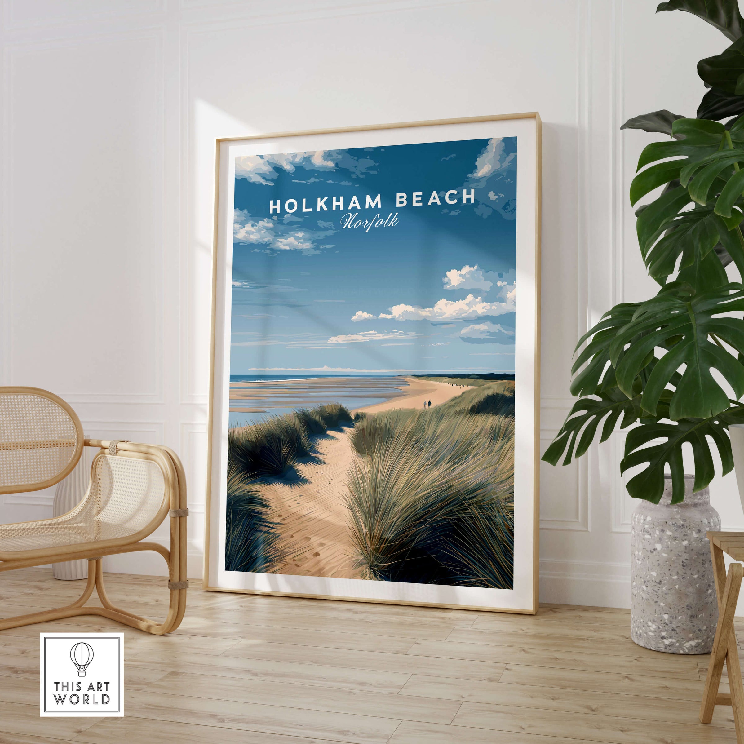 Holkham Beach Norfolk Wall Art Print | Coastal Sand Dunes Travel Poster displayed in a stylish living room setting.