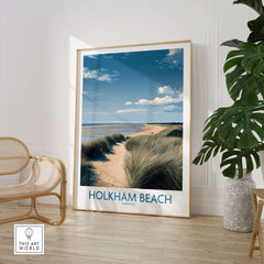 Holkham Beach Norfolk Poster | North Norfolk Shoreline Nature Canvas Print displayed in a bright room with decorative plants.