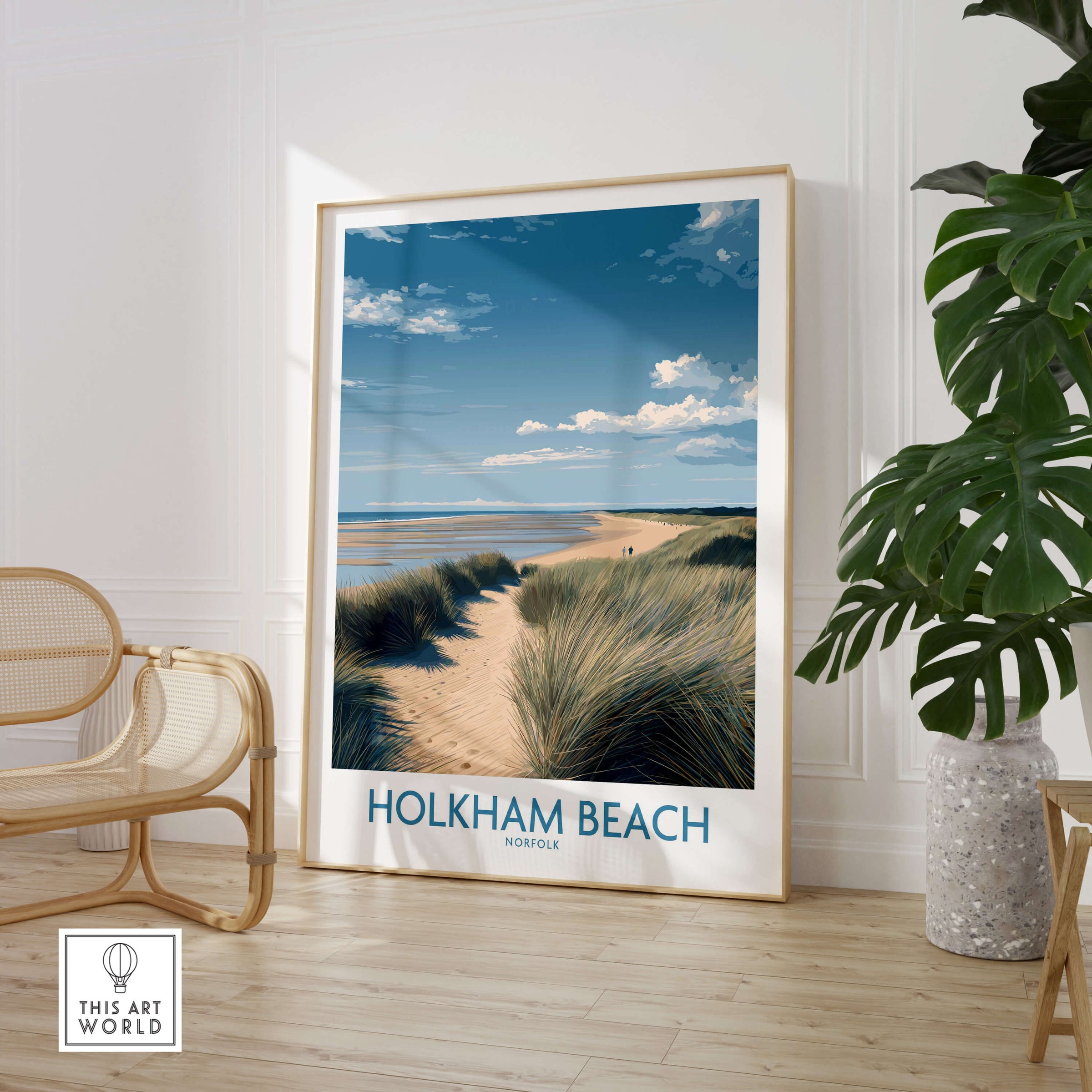 Holkham Beach Norfolk Poster | North Norfolk Shoreline Nature Canvas Print displayed in a bright room with decorative plants.