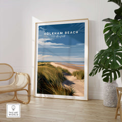 Holkham Beach Norfolk Travel Poster | Serene Beach Pathway Wall Art Print featuring a calm coastal scene.