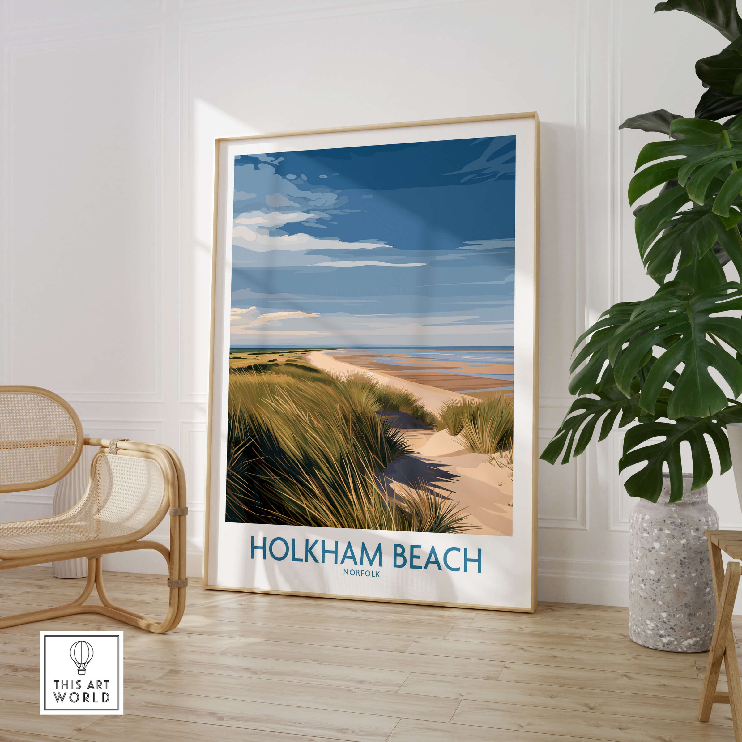 Holkham Beach Norfolk Canvas Print | Minimalist British Seaside Landscape Poster displayed in modern interior decor.