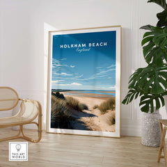 Holkham Beach Norfolk Wall Art Print | British Beach Travel Poster featuring a stunning coastal landscape.