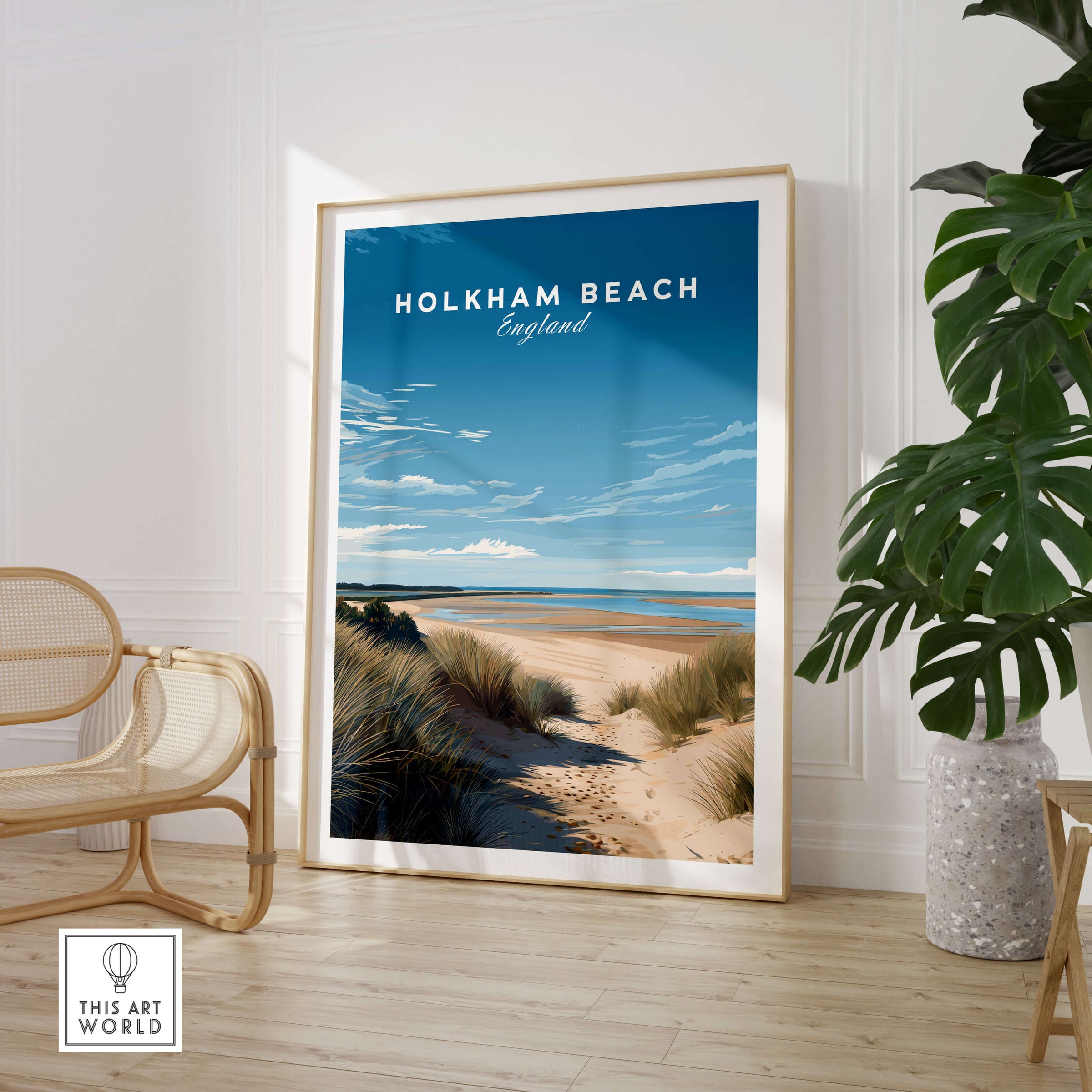 Holkham Beach Norfolk Wall Art Print | British Beach Travel Poster featuring a stunning coastal landscape.