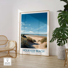 Holkham Beach Norfolk Poster | Serene Coastal Landscape Canvas Print displayed in a bright room with a plant and chair.
