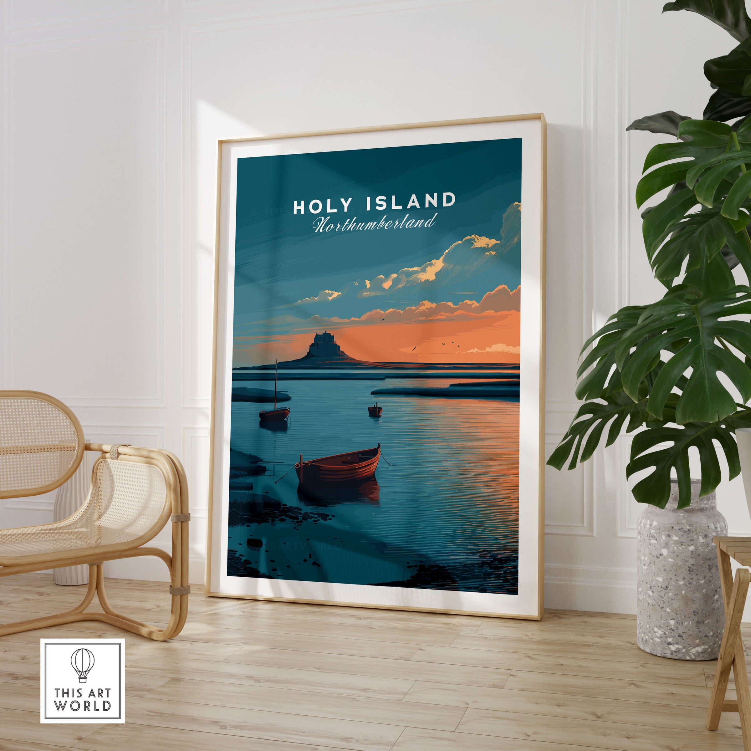 Holy Island Northumberland Wall Art Print | Lindisfarne Sunset Travel Poster in a modern interior setting.