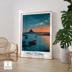 Holy Island Northumberland Poster | Coastal Castle Sunset Canvas Print displayed in a modern living space with boats and reflections.