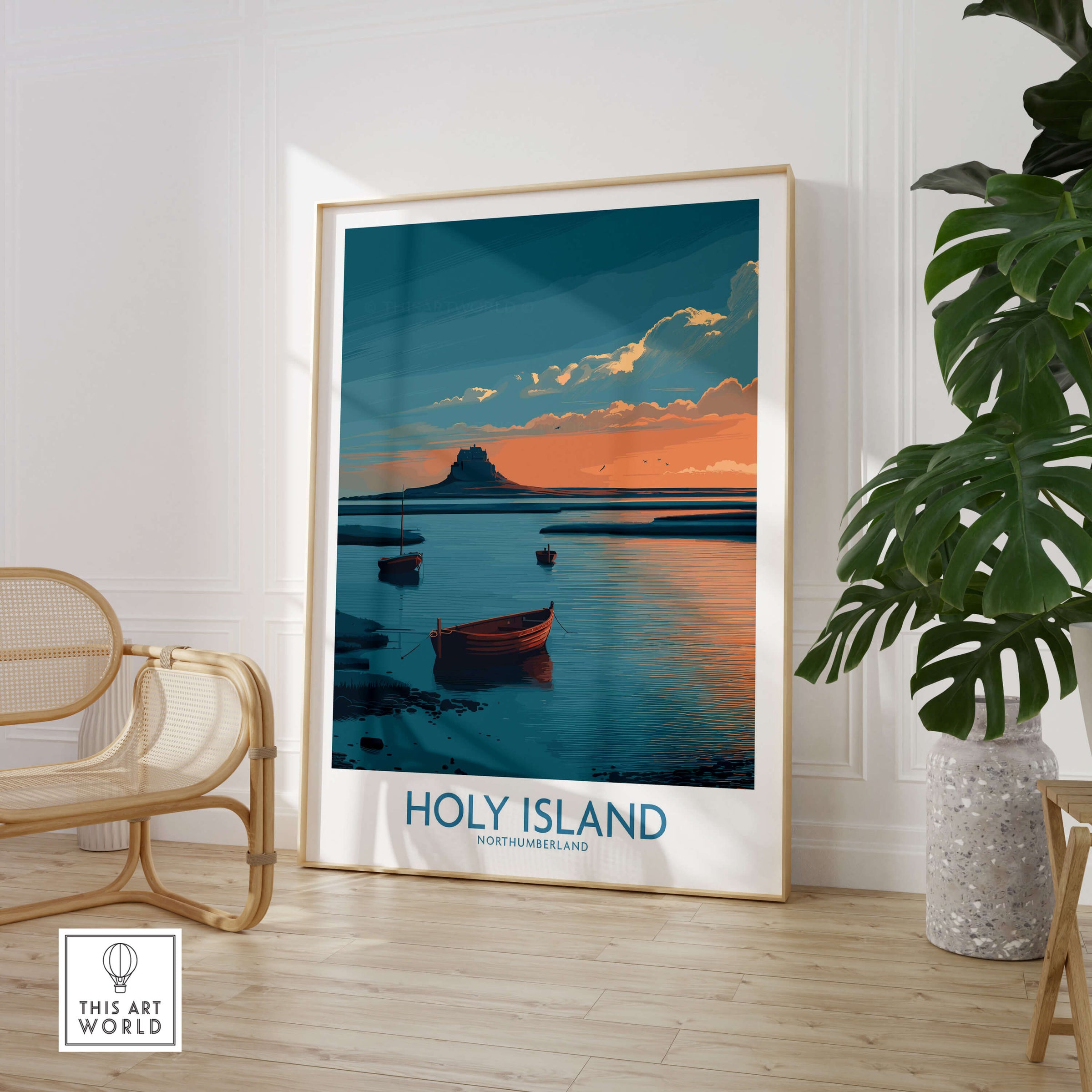 Holy Island Northumberland Poster | Coastal Castle Sunset Canvas Print displayed in a modern living space with boats and reflections.
