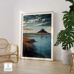 Holy Island Northumberland Travel Poster | Lindisfarne Castle Wall Art Print in a stylish interior setting.