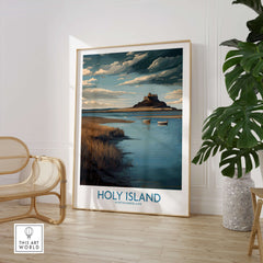 Holy Island Northumberland Poster | Historic England Coast Canvas Print displayed in modern interior with coastal landscape.