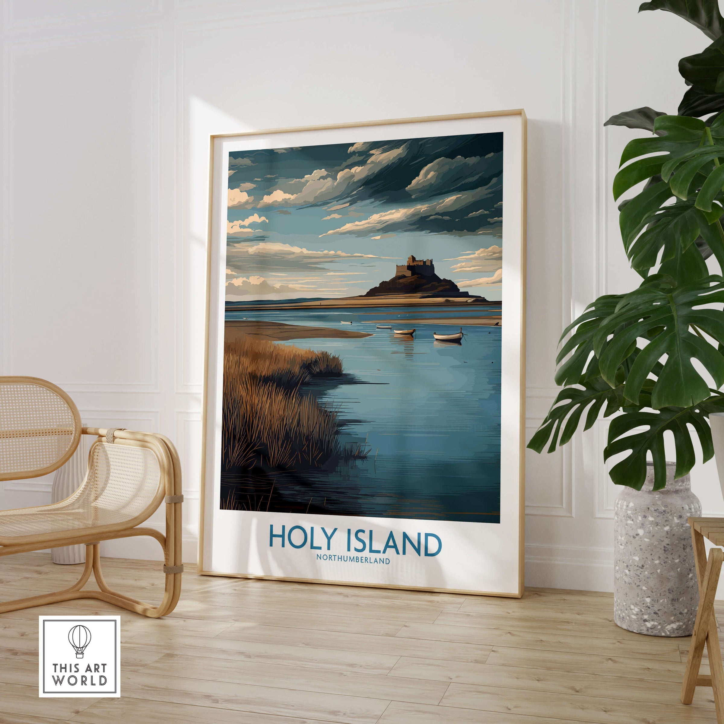 Holy Island Northumberland Poster | Historic England Coast Canvas Print displayed in modern interior with coastal landscape.