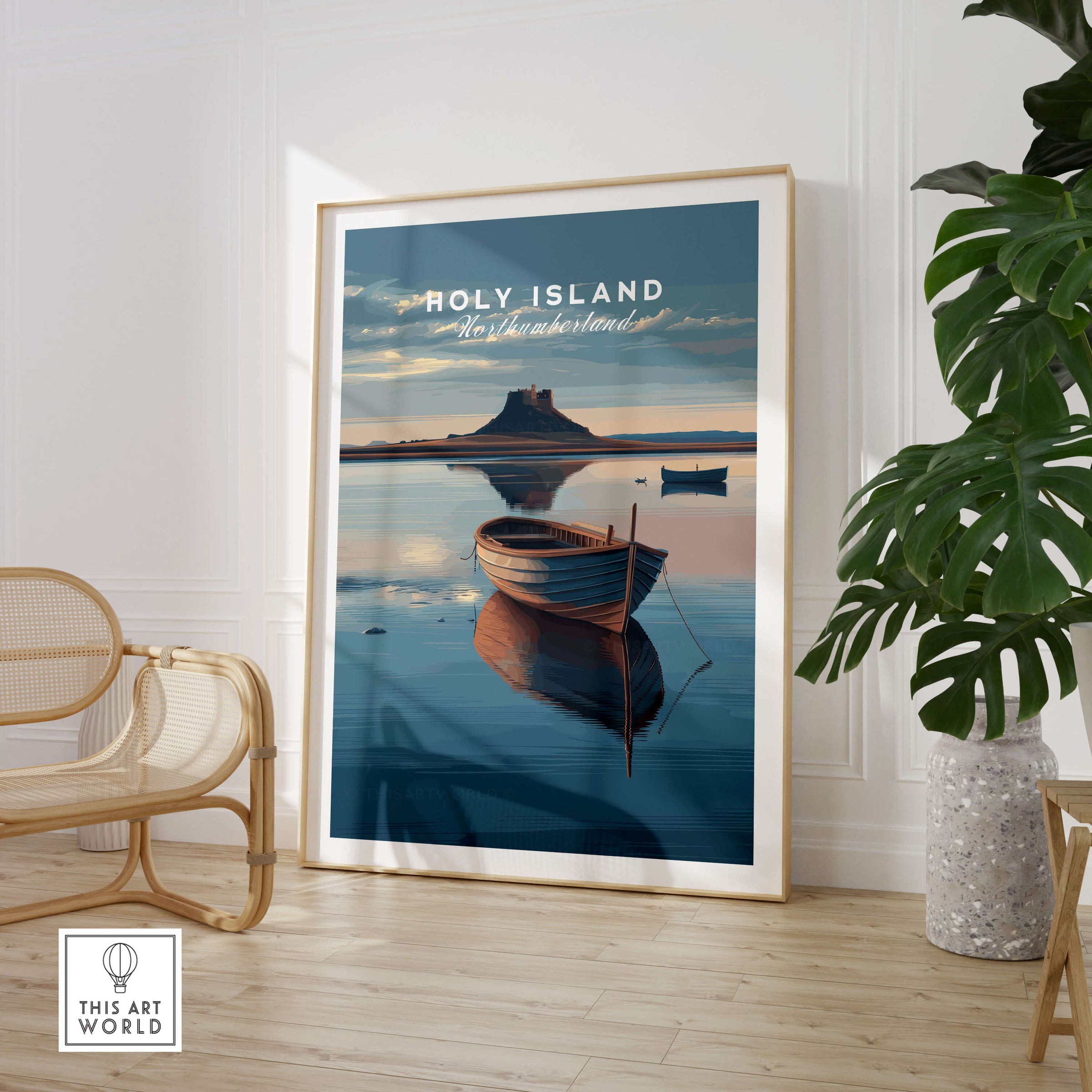 Holy Island Northumberland Wall Art Print | Serene Boat Scene Travel Poster in a stylish interior setting.