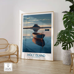 Holy Island Poster Northumberland | Lindisfarne Canvas Print featuring tranquil waters and a scenic boat reflection.