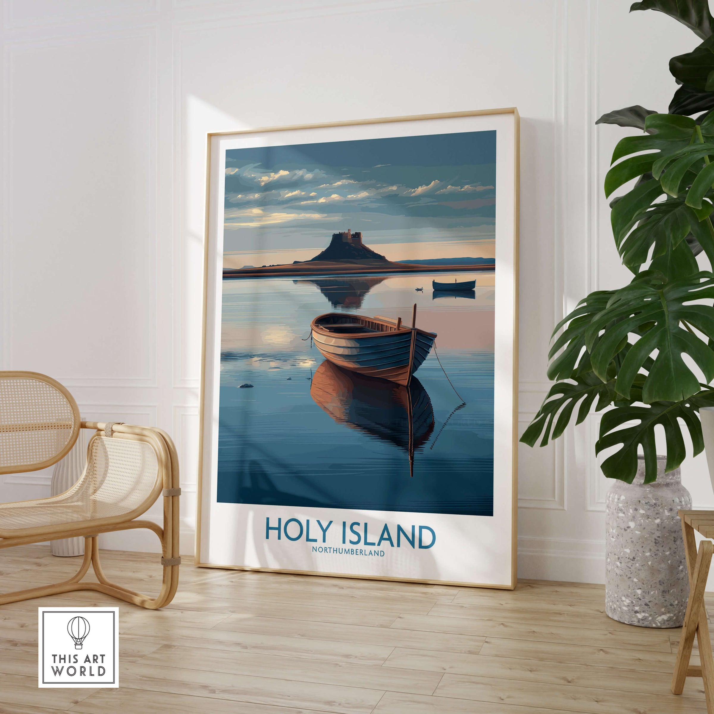 Holy Island Poster Northumberland | Lindisfarne Canvas Print featuring tranquil waters and a scenic boat reflection.