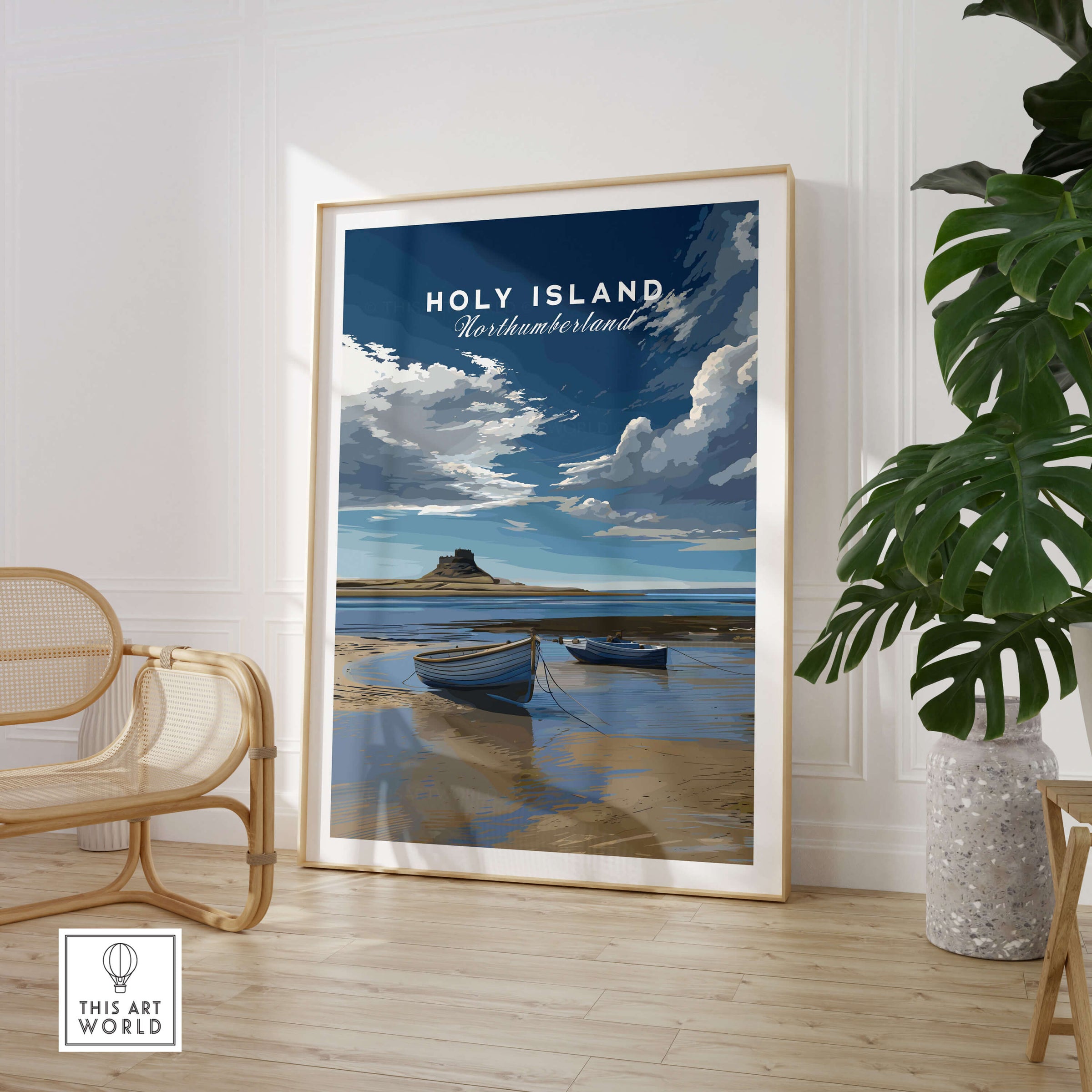 Holy Island Travel Poster Northumberland | Coastal Landscape Wall Art Print featuring dramatic sea and sky.