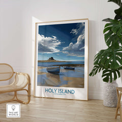 Holy Island Northumberland Poster | North Sea Coast Canvas Print displayed in a stylish interior setting.