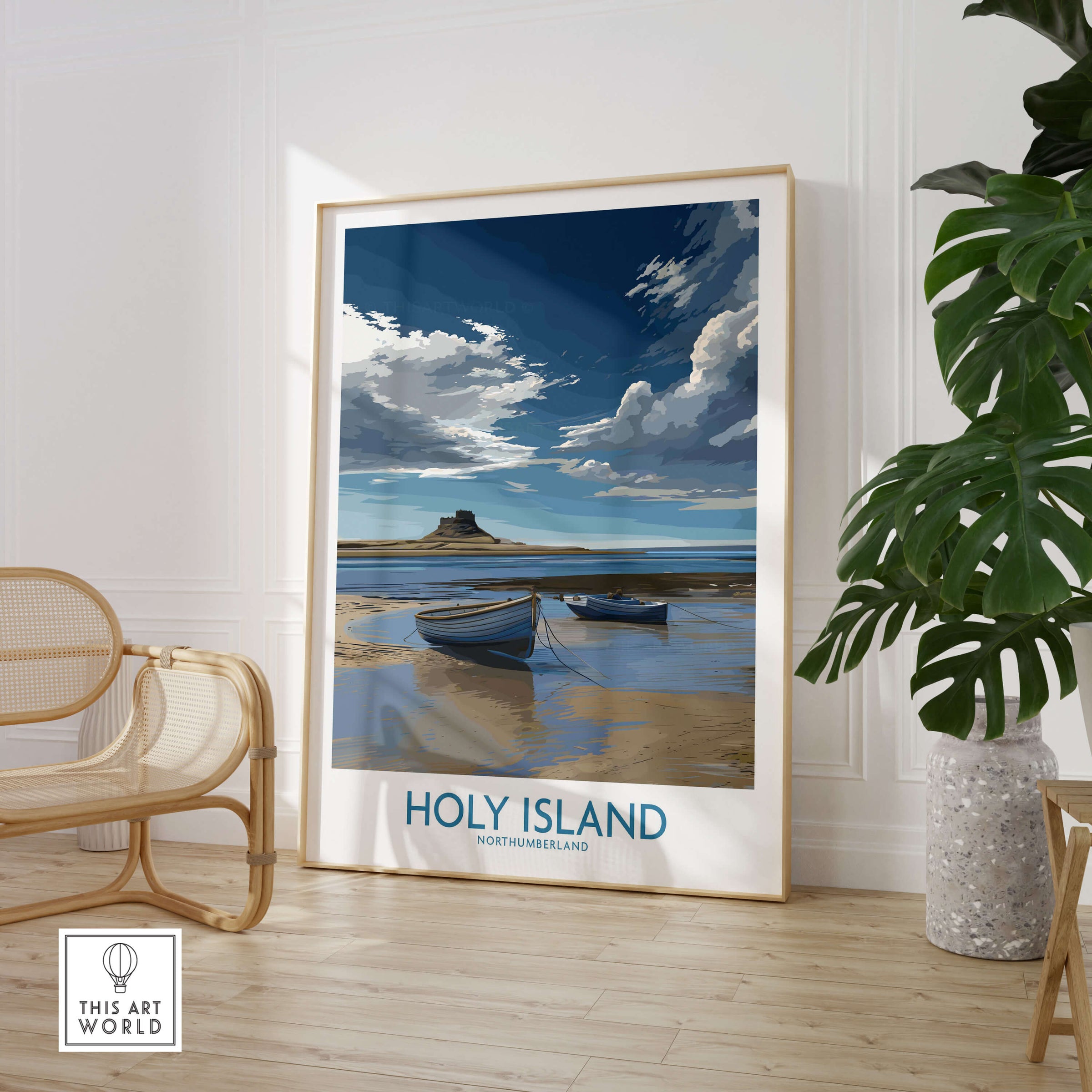 Holy Island Northumberland Poster | North Sea Coast Canvas Print displayed in a stylish interior setting.