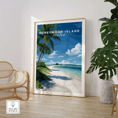 Honeymoon Island Travel Poster | Florida Beach Wall Art Print showcasing a tropical beach with palm trees and vibrant ocean.