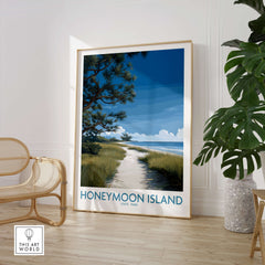 Honeymoon Island Florida Poster | Gulf Coast Landscape Canvas Print featuring scenic beach pathway and lush greenery.