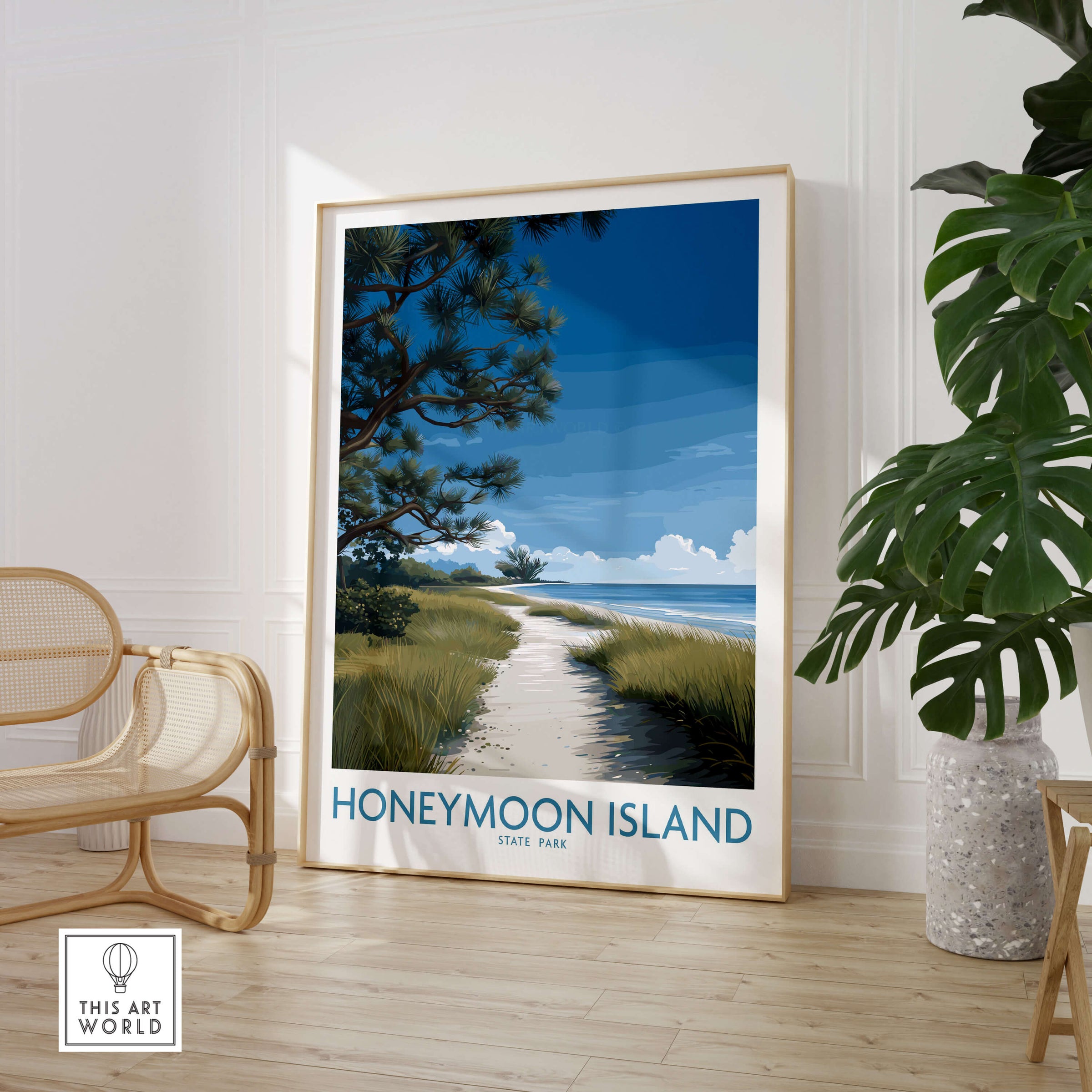 Honeymoon Island Florida Poster | Gulf Coast Landscape Canvas Print featuring scenic beach pathway and lush greenery.