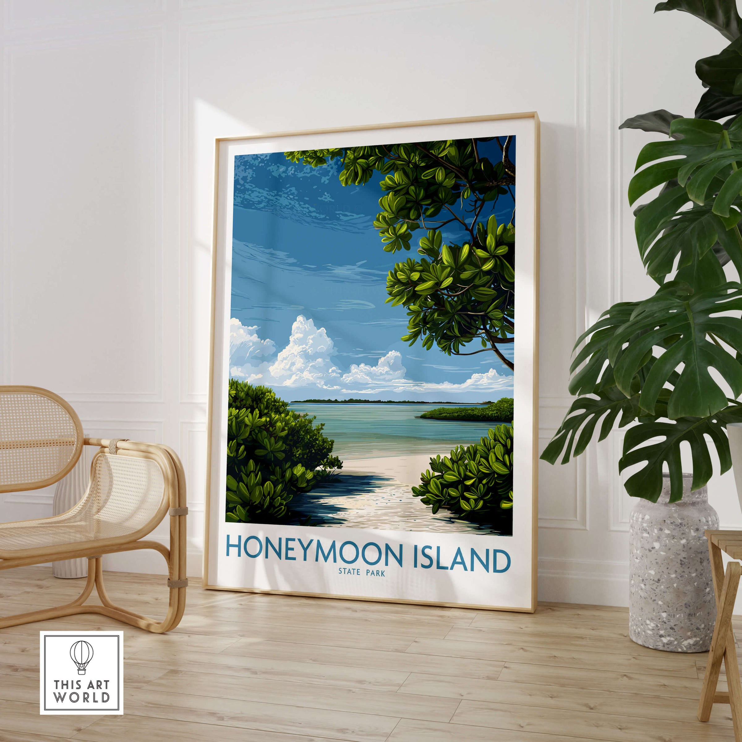 Honeymoon Island Florida Poster | Tropical Island Scene Canvas Print showcasing a serene beach view with lush greenery.