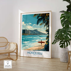 Honolulu Poster | Hawaii Surfing Canvas Print featuring a surfer in a vibrant beach scene with palm trees.