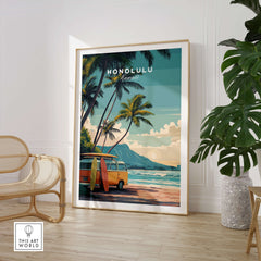 Honolulu Hawaii Travel Poster | Surf Van Beach Wall Art Print featuring a vibrant surf van and tropical beach scene.