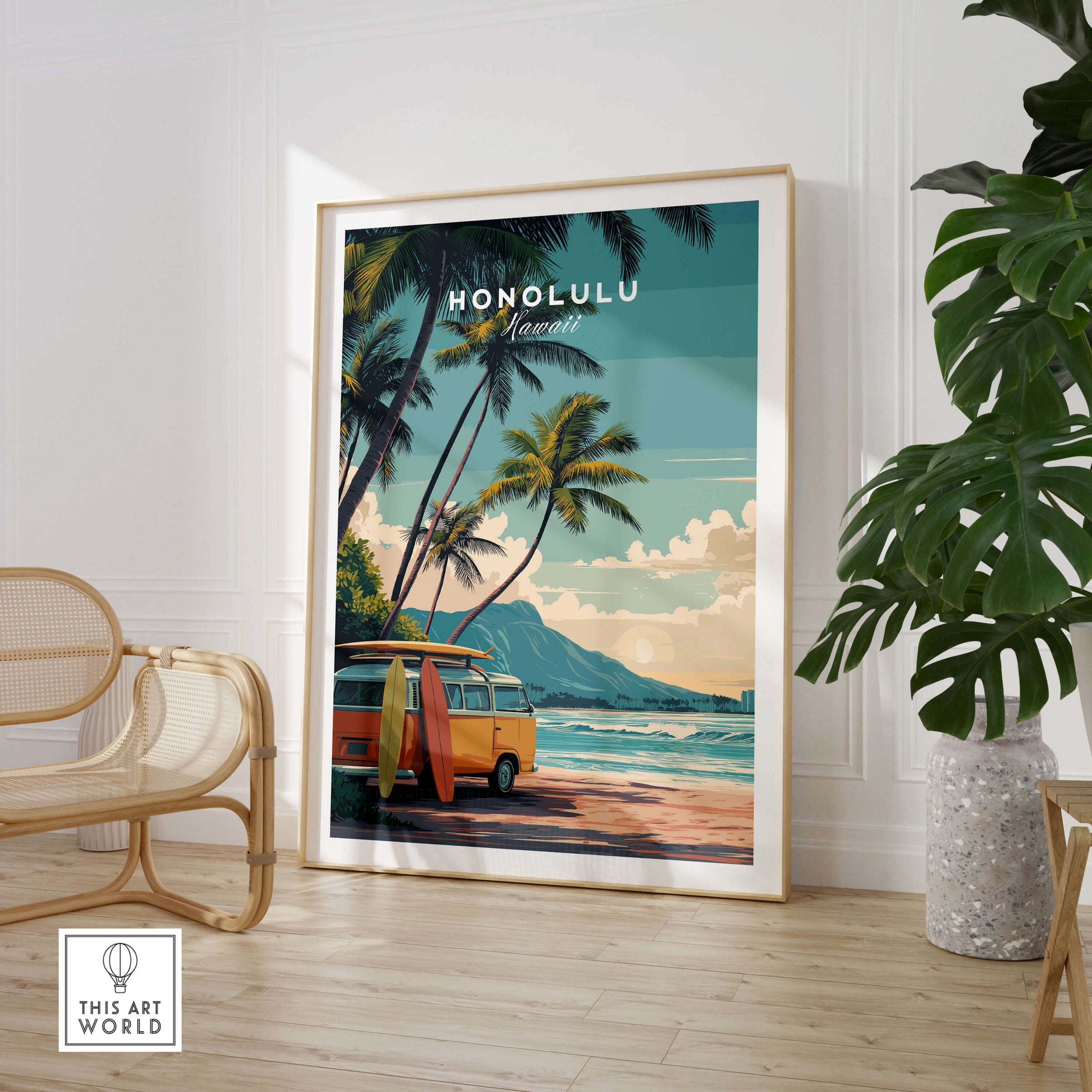 Honolulu Hawaii Travel Poster | Surf Van Beach Wall Art Print featuring a vibrant surf van and tropical beach scene.