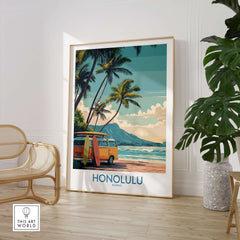 Honolulu Hawaii Poster | Vintage Aloha Style Canvas Print showcasing retro beach scene with palm trees and vintage van.