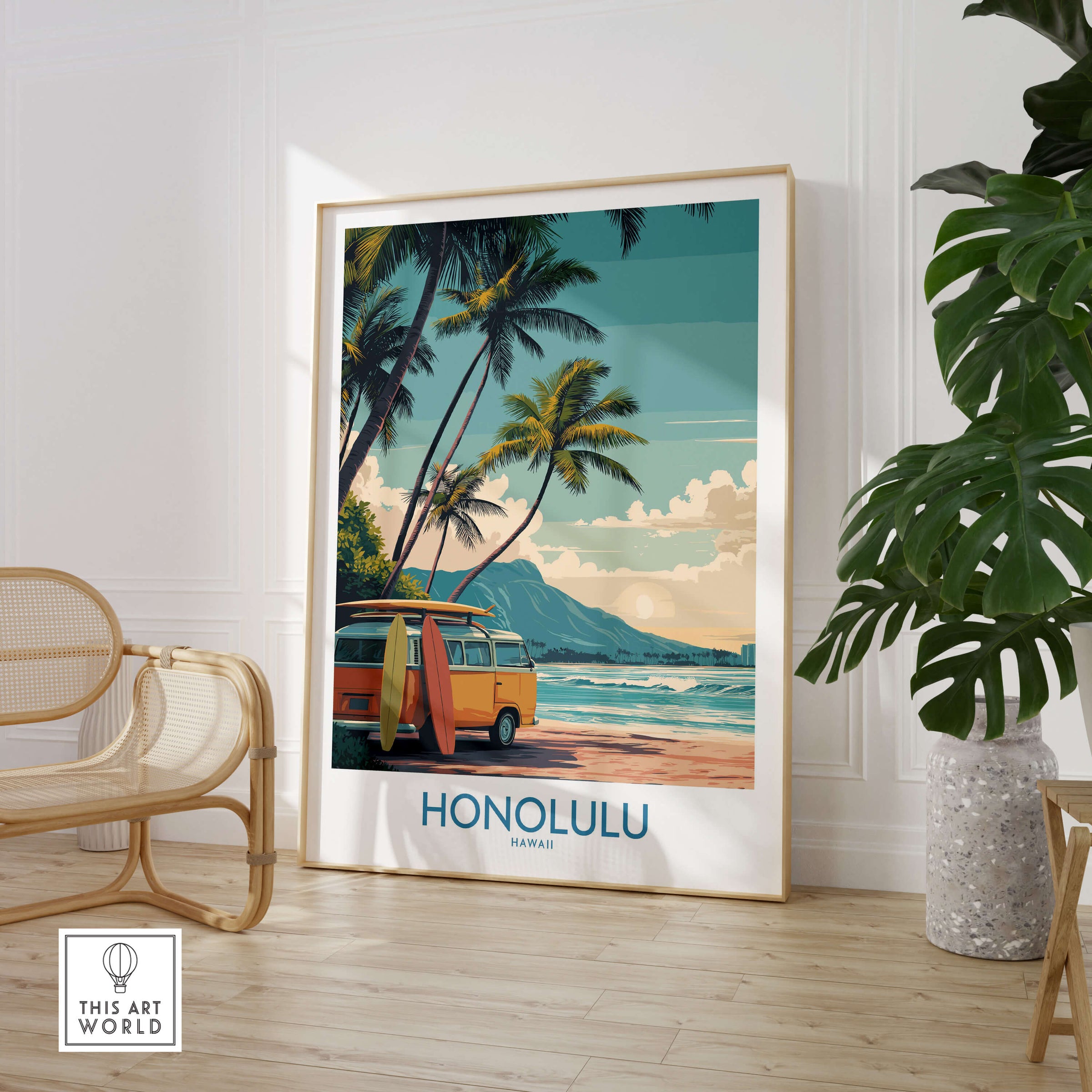 Honolulu Hawaii Poster | Vintage Aloha Style Canvas Print showcasing retro beach scene with palm trees and vintage van.