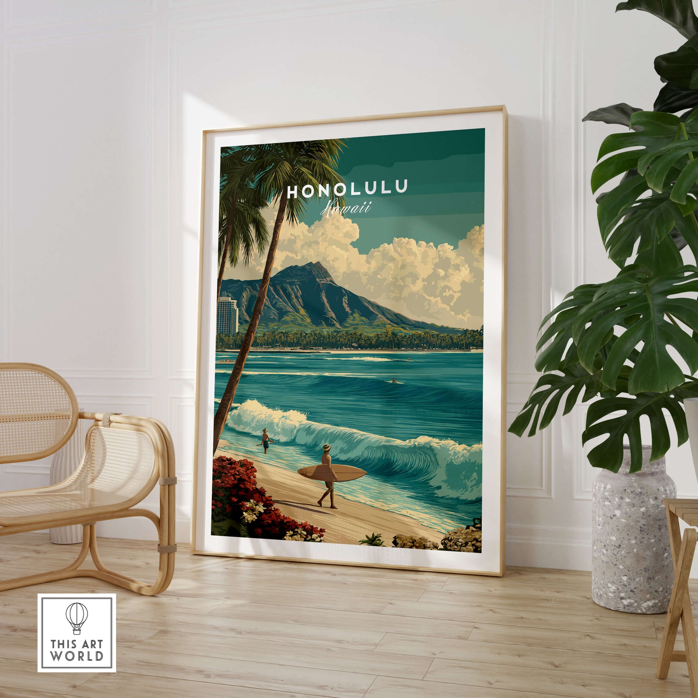 Honolulu Hawaii Wall Art Print | Waikiki Beach Surf Travel Poster showcasing iconic waves and beach scene