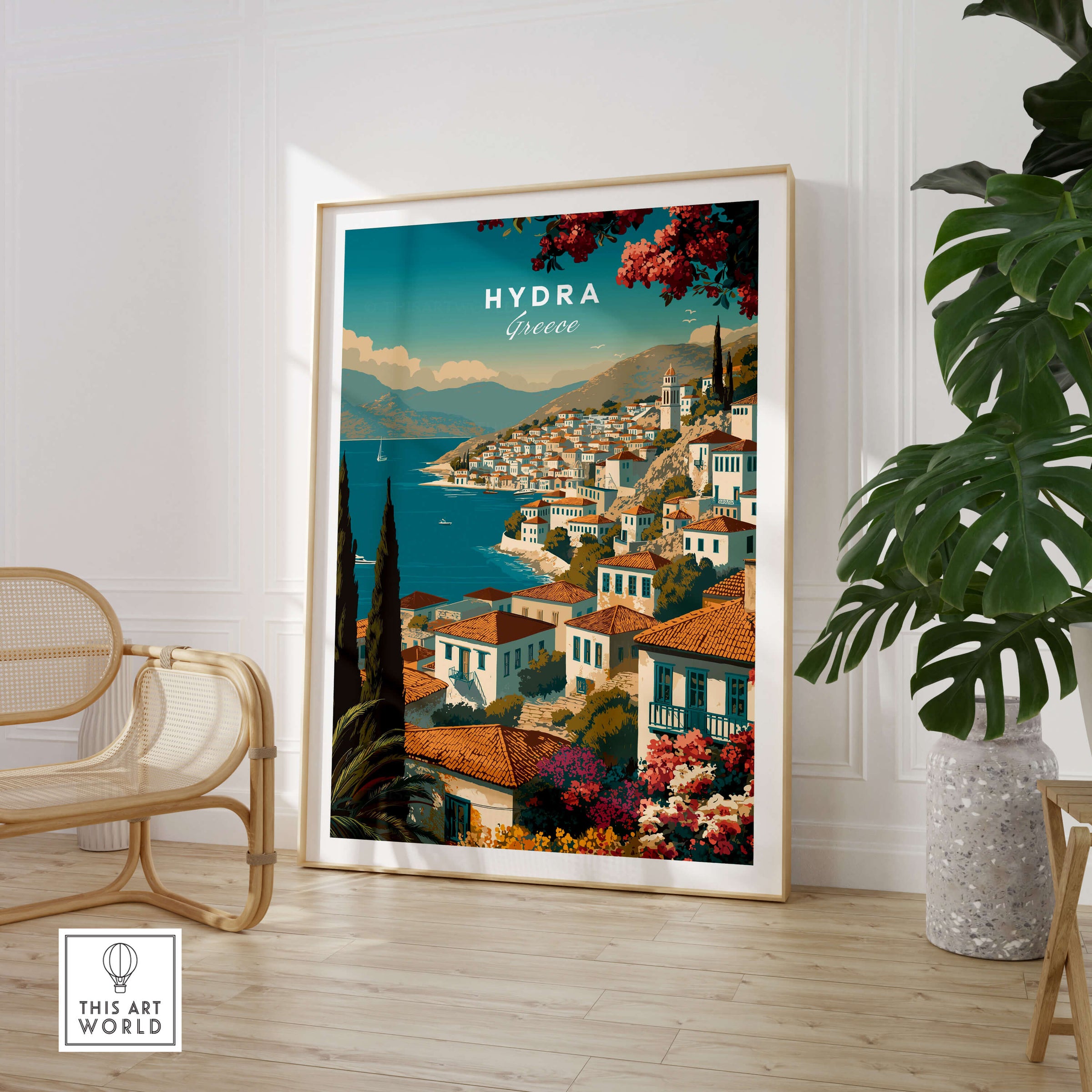 Hydra Greece Wall Art Print | Mediterranean Coastal Town Travel Poster showcasing the scenic beauty of Hydra island.