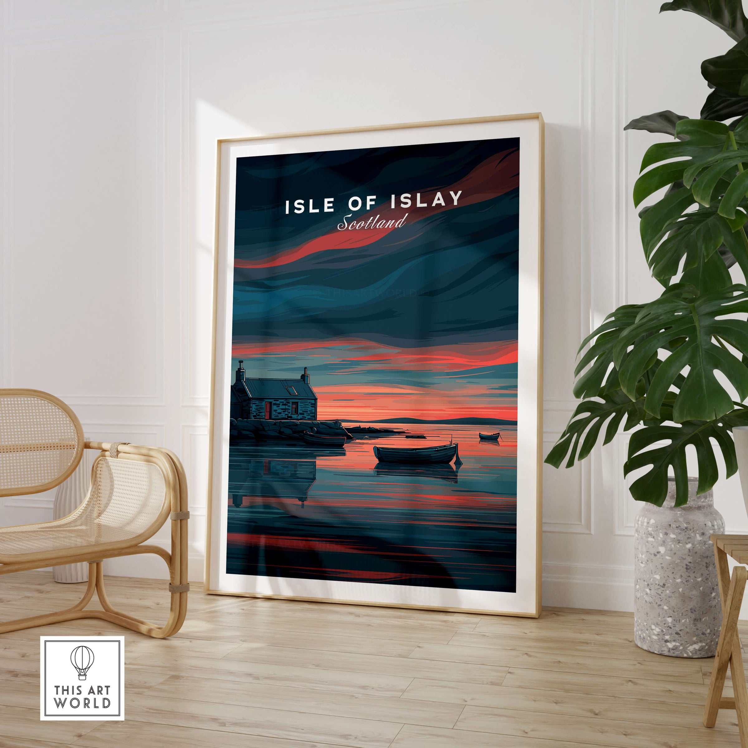 Isle of Islay Scotland Travel Posters | Highland Coastal House Wall Art Print featuring a serene coastal scene.