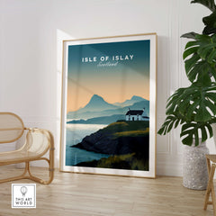 Isle of Islay Scotland Travel Poster featuring dramatic coastlines and Highland landscape in a stylish home setting.