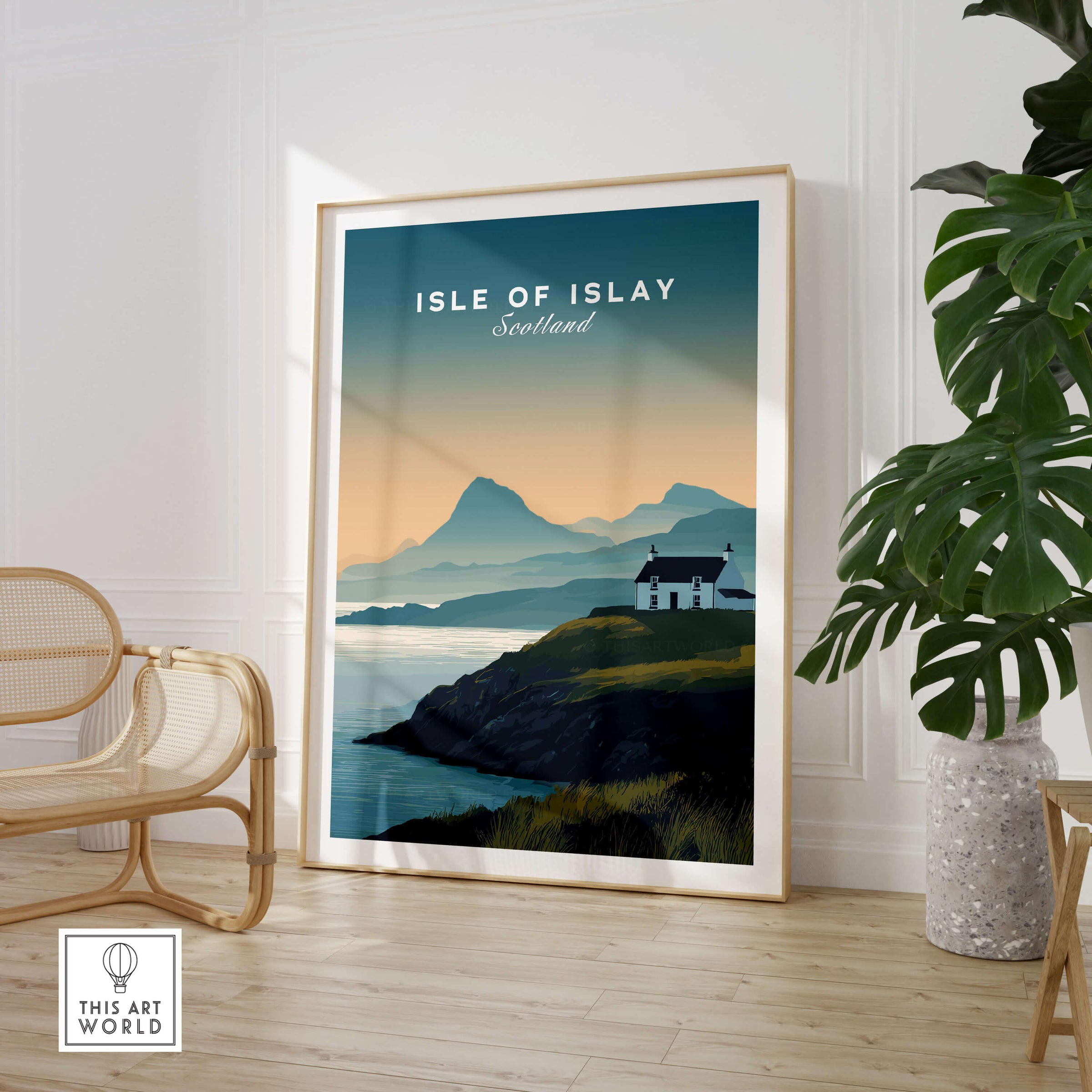 Isle of Islay Scotland Travel Poster featuring dramatic coastlines and Highland landscape in a stylish home setting.