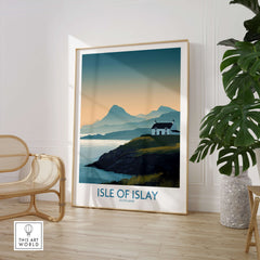 Isle of Islay Scotland Canvas & Art Print showcasing scenic landscape with mountains and lighthouse in a modern setting.