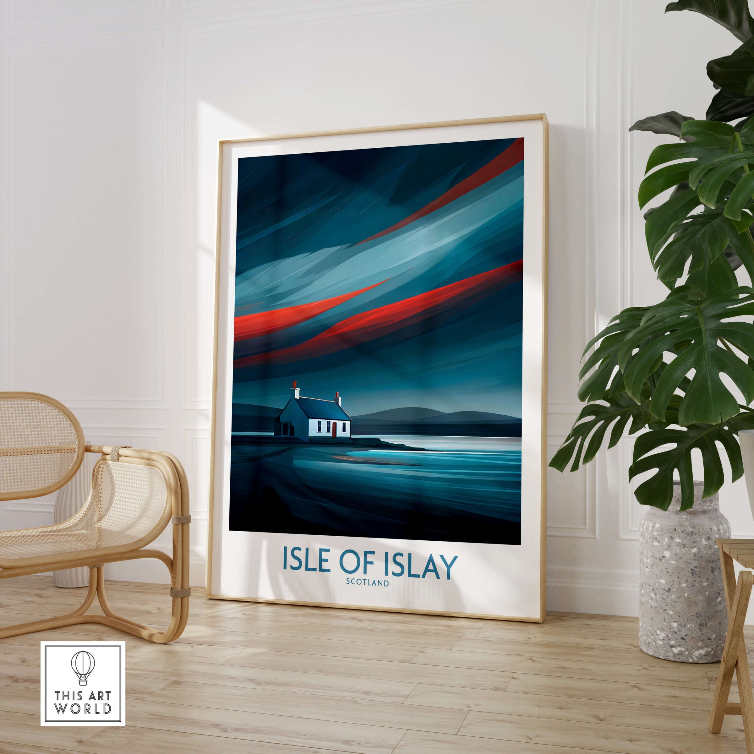 Isle of Islay Scotland Posters | Vibrant Scottish Island Scene Canvas Print displayed in a modern interior setting.