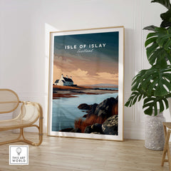 Isle of Islay Scotland Travel Posters | Scenic Coastal Cottage Wall Art Print featuring a serene coastal view.