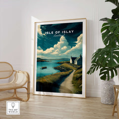 Isle of Islay Scotland Wall Art Print | Coastal Path Travel Poster showcasing coastal landscape with house and boats.