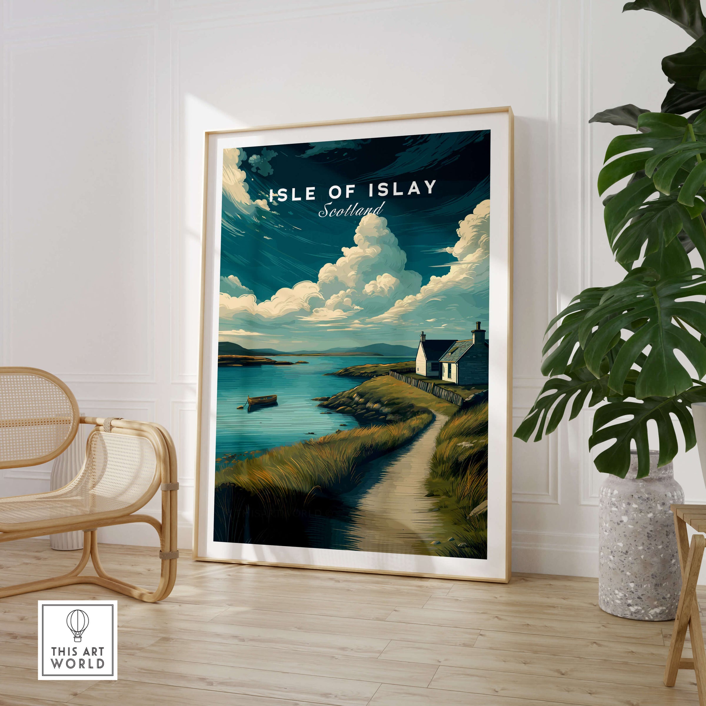 Isle of Islay Scotland Wall Art Print | Coastal Path Travel Poster showcasing coastal landscape with house and boats.