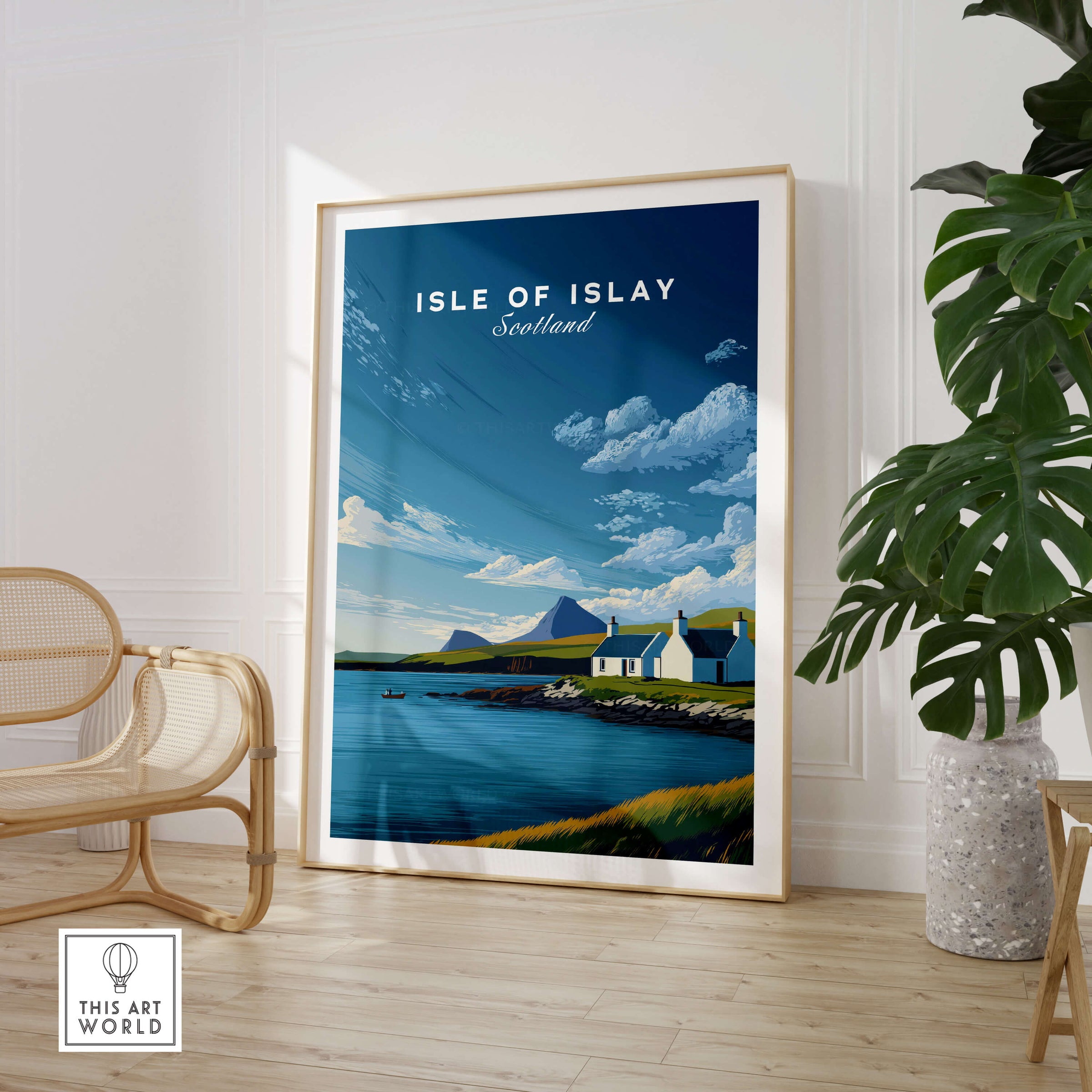Isle of Islay Scotland Travel Posters | Sunny Coastal Wall Art Print featuring a scenic view of the island's coastline.