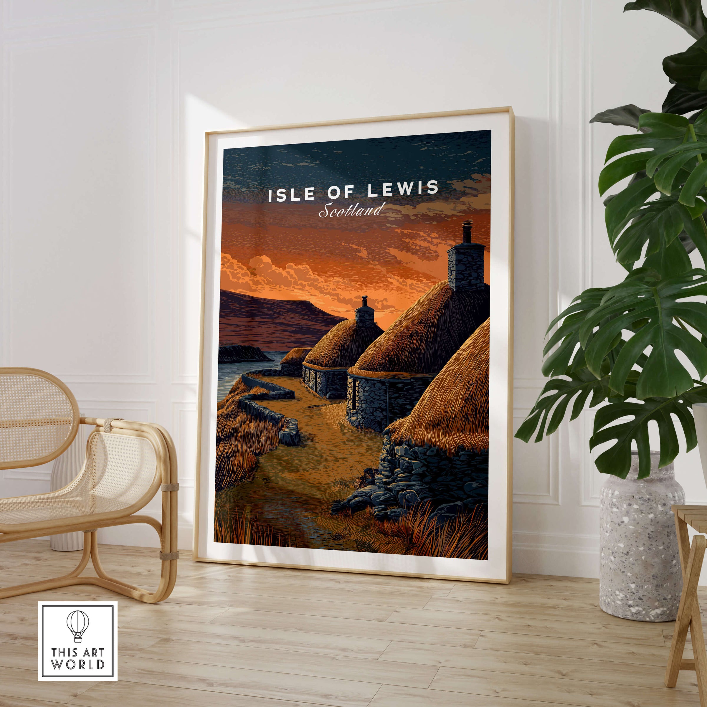 Isle of Lewis Scotland Travel Poster | Blackhouse Village Wall Art Print in a stylish interior setting.