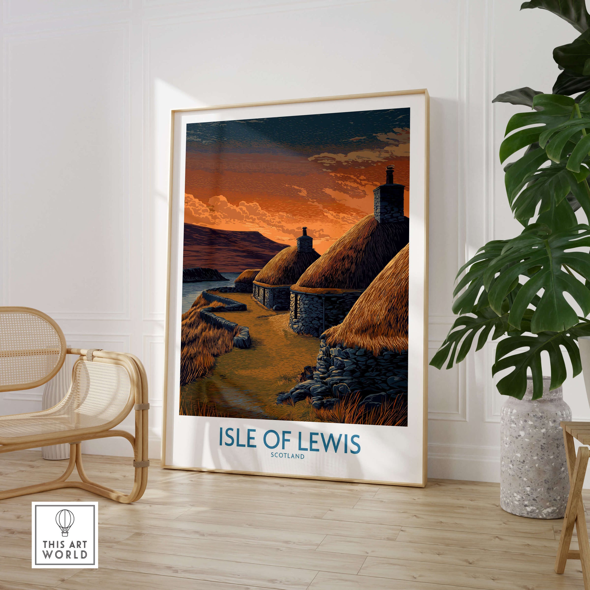 Isle of Lewis Scotland Canvas Print | Outer Hebrides Norse Mill Poster featuring a scenic landscape and traditional structures.