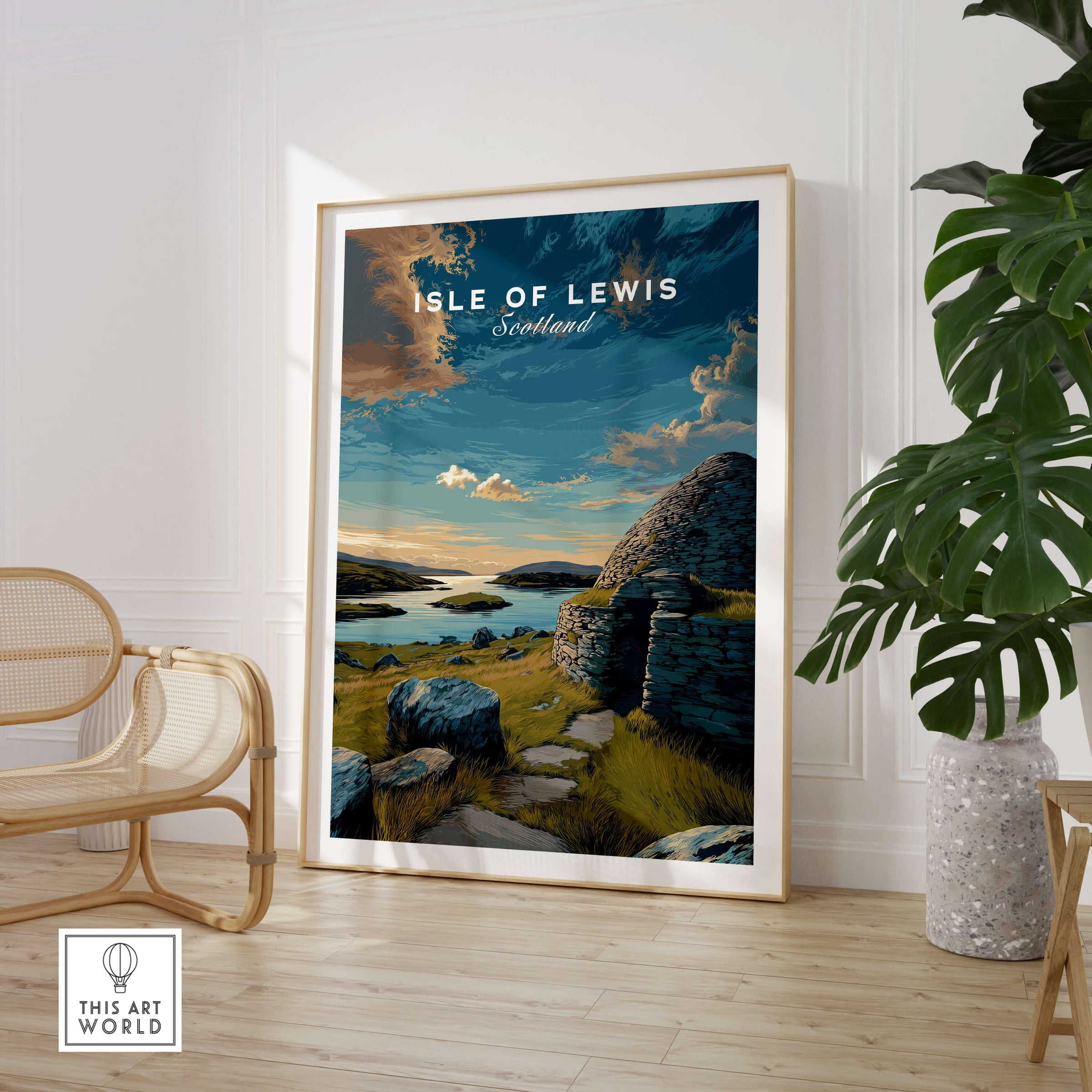 Isle of Lewis Scotland Travel Poster | Gearrannan Blackhouse Wall Art Print displayed in a modern living room setting.
