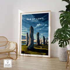 Isle of Lewis Scotland Wall Art Print | Callanish Standing Stones Travel Poster featuring megaliths in stunning landscape.