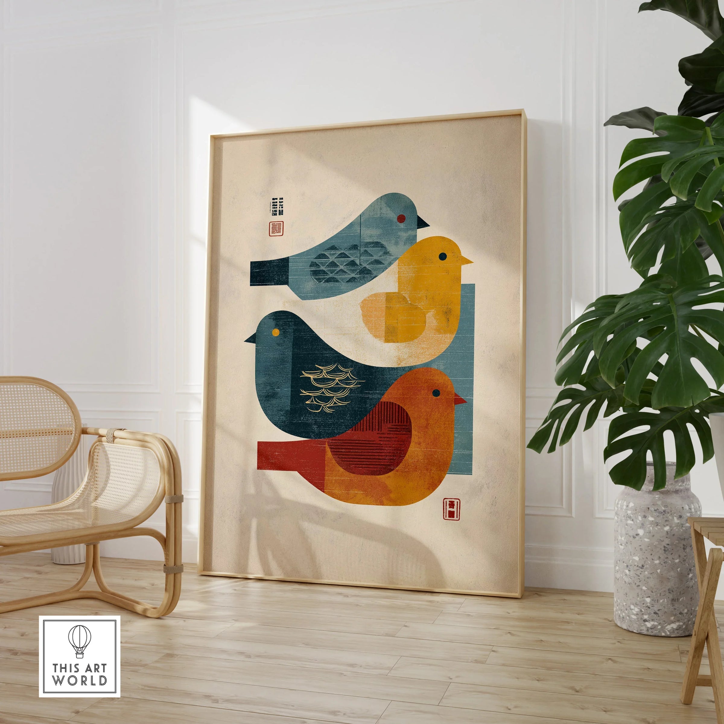 Framed Japanese bird art print in modern room with wooden chair and green plant