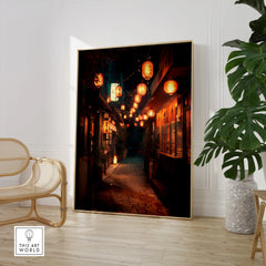 Framed Japan street art print with hanging lanterns in modern living room decor