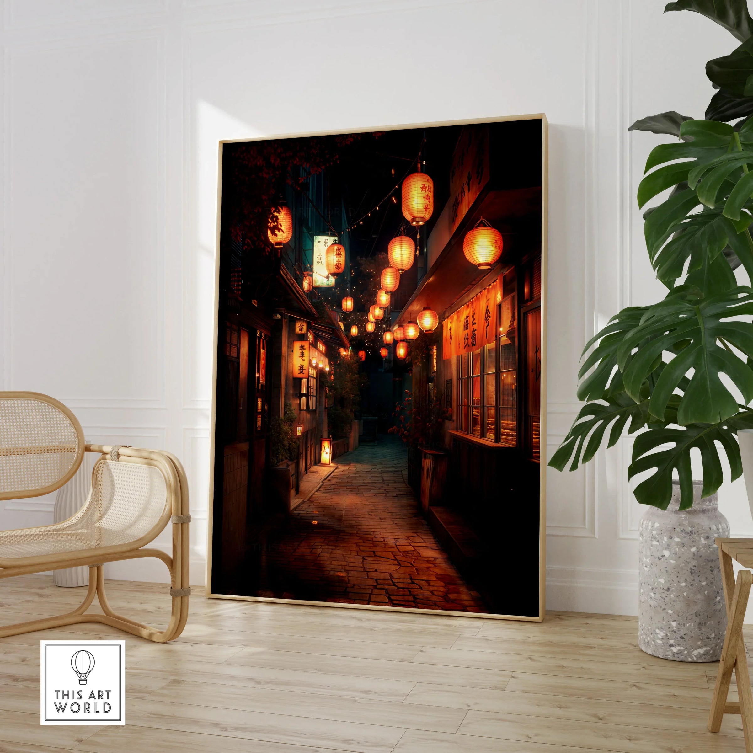 Framed Japan street art print with hanging lanterns in modern living room decor