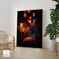 Framed Japan street art print with lanterns in modern living room, chair and plant nearby