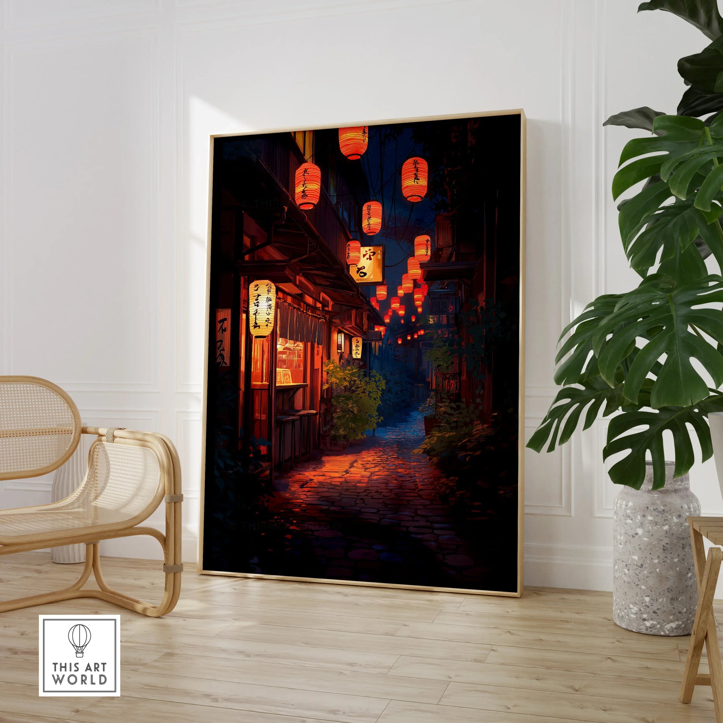 Framed Japan street art print with lanterns in modern living room, chair and plant nearby